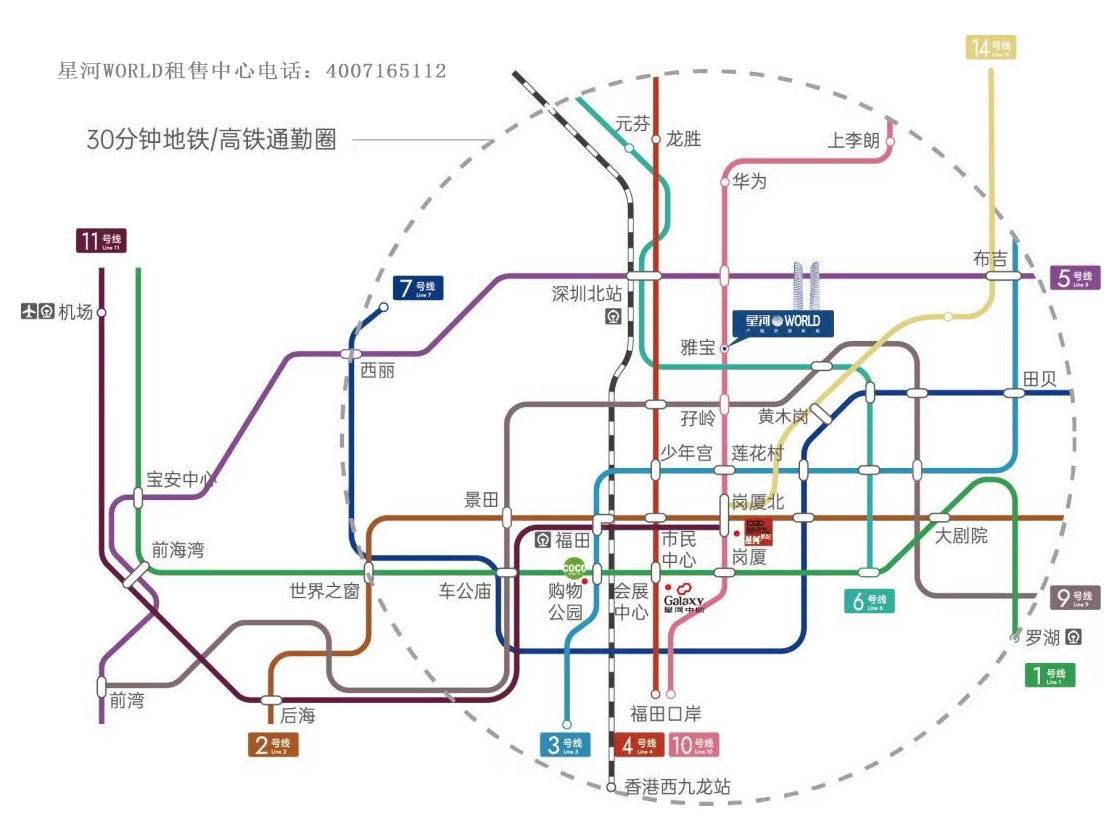 超级速度 地铁10号线雅宝站上盖:园区7大地铁口覆盖:下楼就是地铁站:1站到福田; 约3分钟上南坪快速:约10分钟可达新彩隧道、坂雪岗大道、坂银隧道等快速路 、 出行便捷; 毗邻深圳北站:约18分钟直达湾区畅达全国 西塔设直升机停机坪空中专线交通:目前已开通深圳宝安机场、广州机场、珠海机场、香港澳门等多地航线、轻松抵达湾区各城