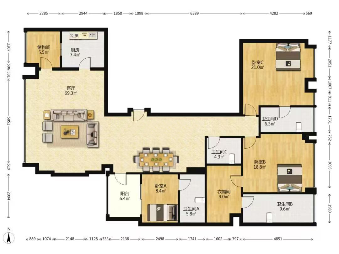 深圳中心天元 岗厦天元花园:亏本出售 出售单价:6.9万/平米:带全新豪装 产权:238.9平米:出售1660万 出售电话:400 7165 112 3房4卫+超大客厅超+大餐厅+2阳台 超76%:高得房率:3房奢阔空间尺度、超9.5米双厅开间、超60㎡大横厅、约60㎡主卧套房、配置步入式衣帽间、独立卫浴 深圳中心天元 岗厦天元花园 6.9万/平米 6.9折 亏本出售 户型图片